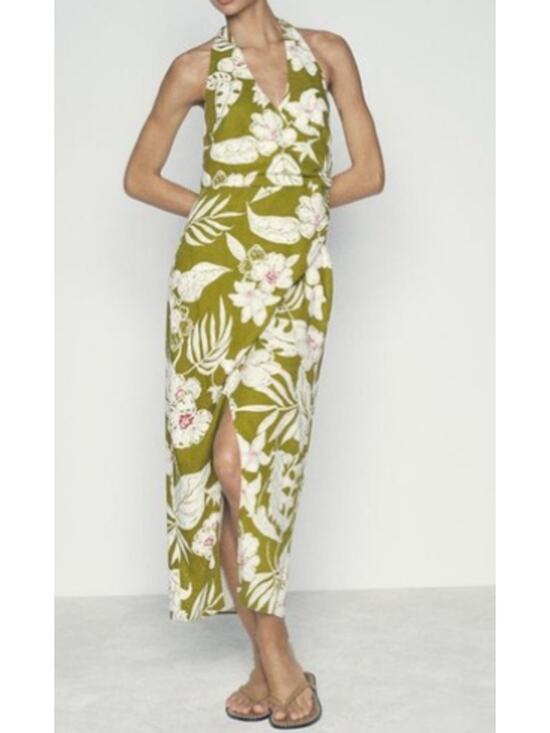 Zara Dresses & Skirts - NWT Zara Tropical Floral Halter Midi Dress Olive Green Size Medium